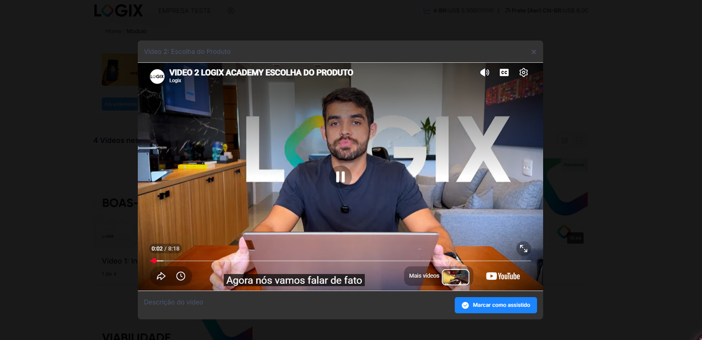 Aula em vídeo do LogixAcademy sendo assistida dentro da plataforma