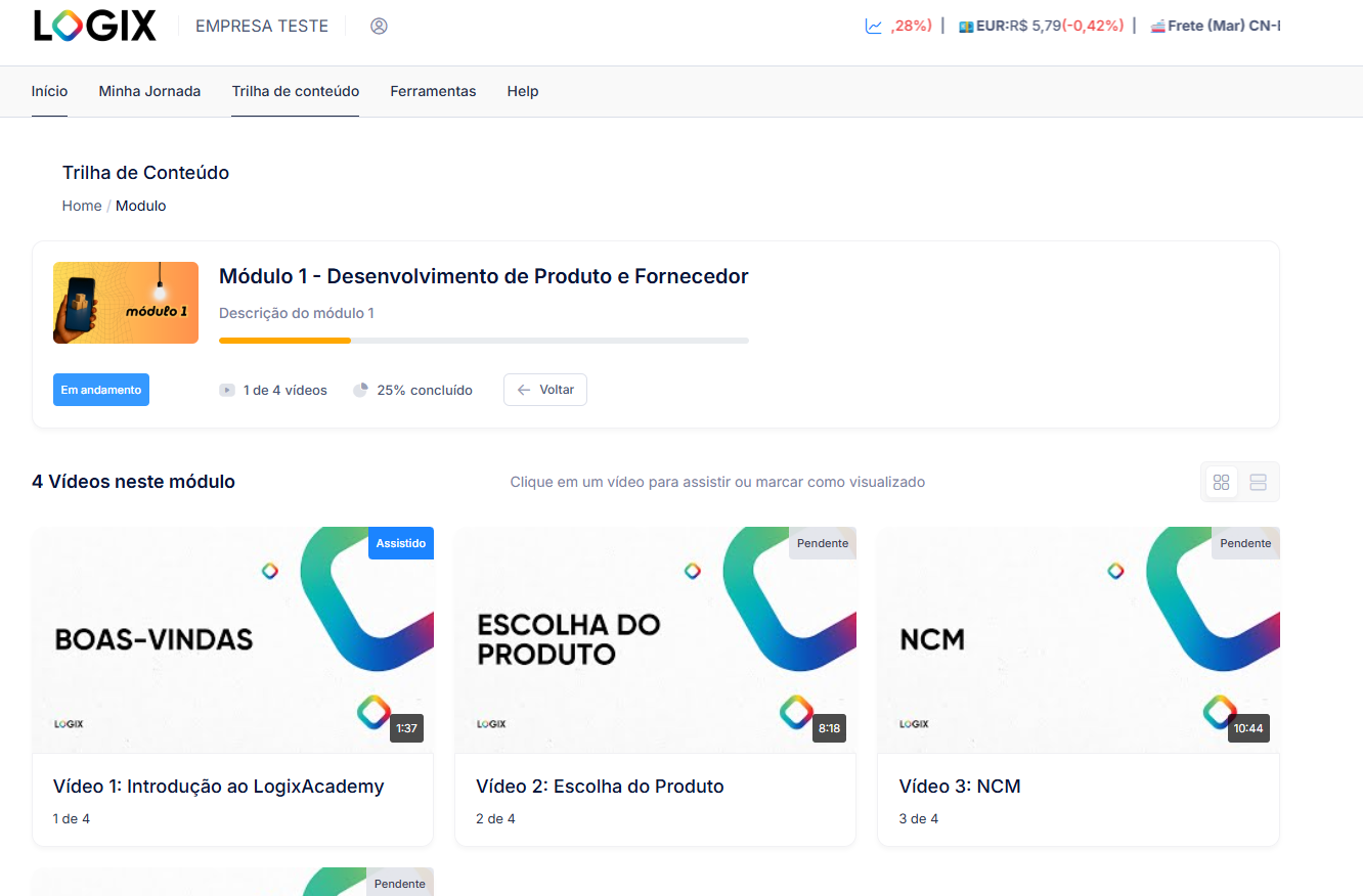 Trilha de conteúdo do LogixAcademy dentro da plataforma Logix, com módulos e progresso
