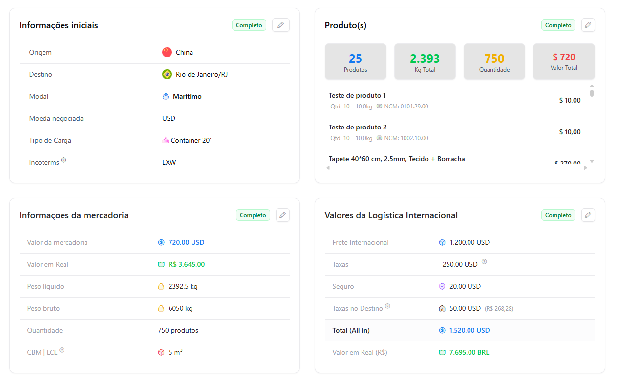 Estudo de viabilidade na plataforma Logix: informações da operação, produtos e valores da logística internacional
