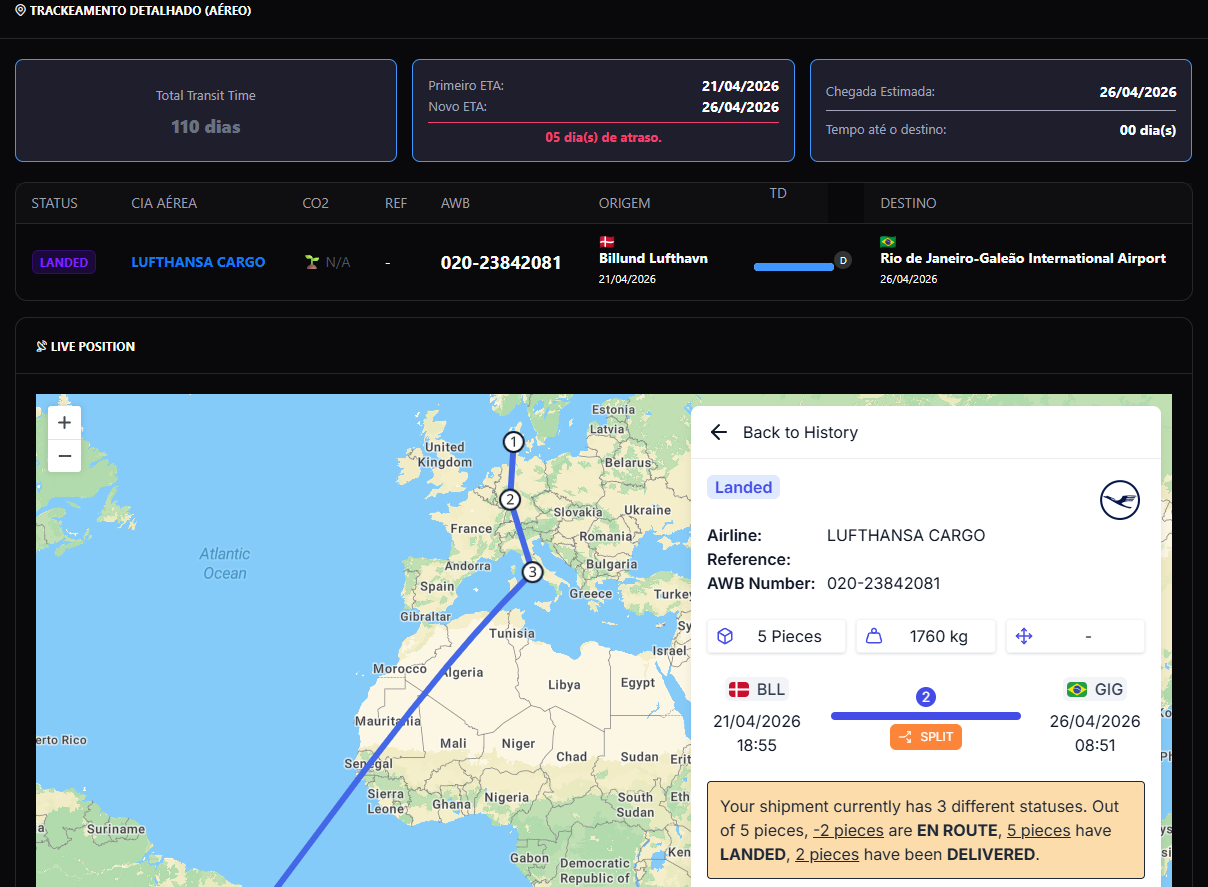 Tela real da plataforma Logix com rastreamento aéreo detalhado, status da carga, ETA e posição no mapa